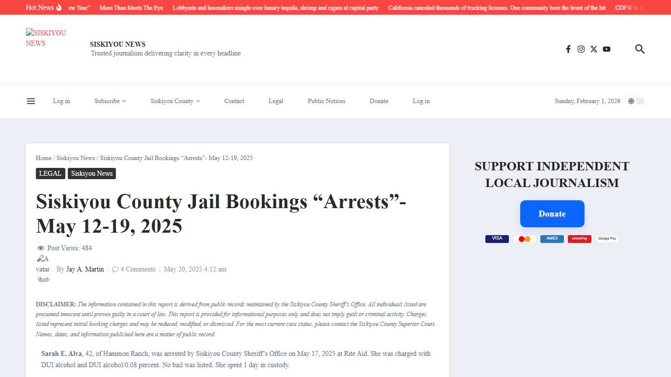 Siskiyou County Jail Bookings “Arrests”- May 12-19, 2025 – SISKIYOU NEWS