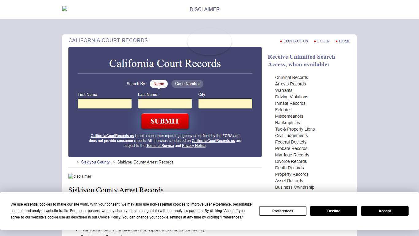 Siskiyou County Arrest Records CaliforniaCourtRecords.us