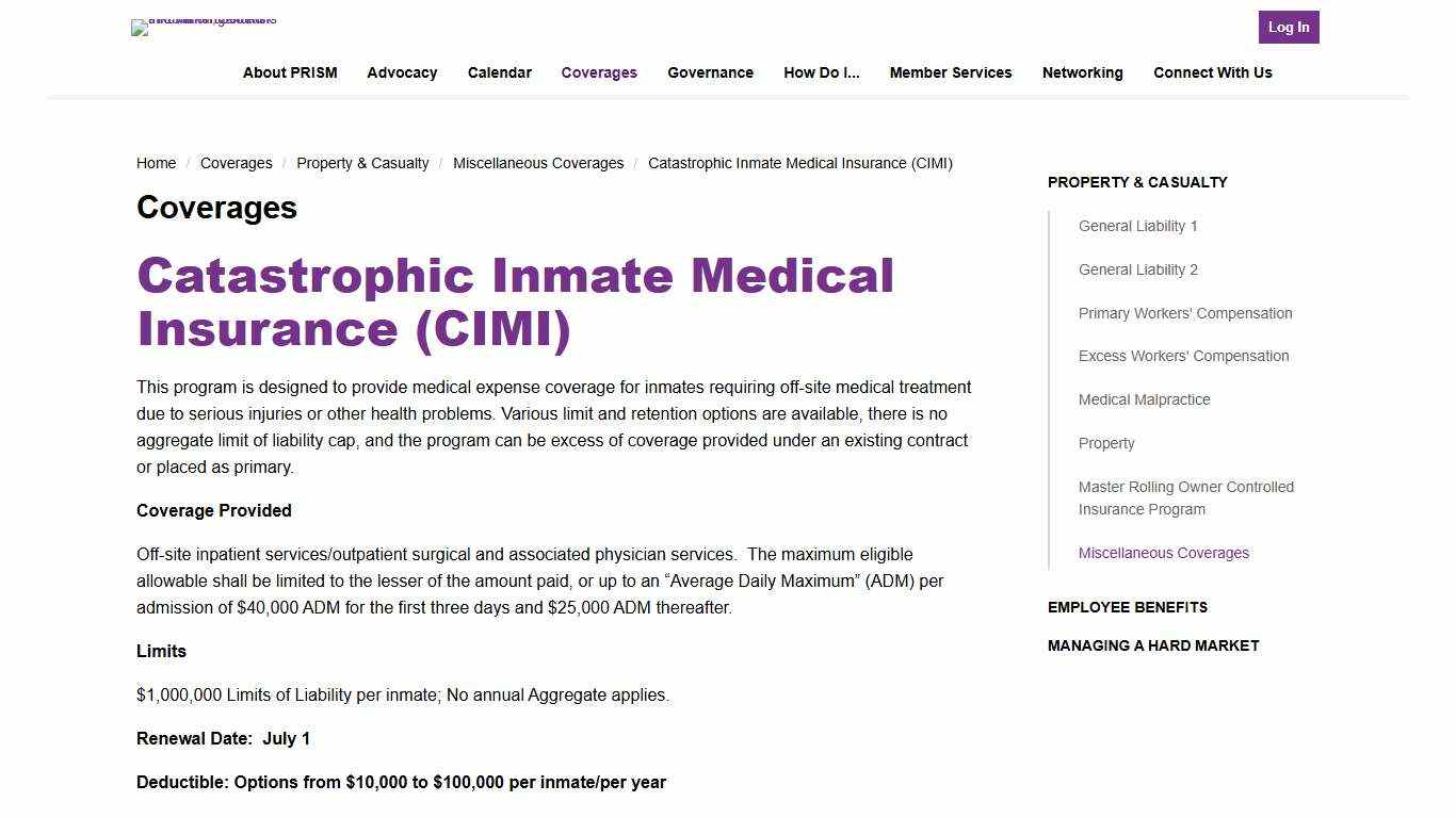 Catastrophic Inmate Medical Insurance (CIMI) - PRISM